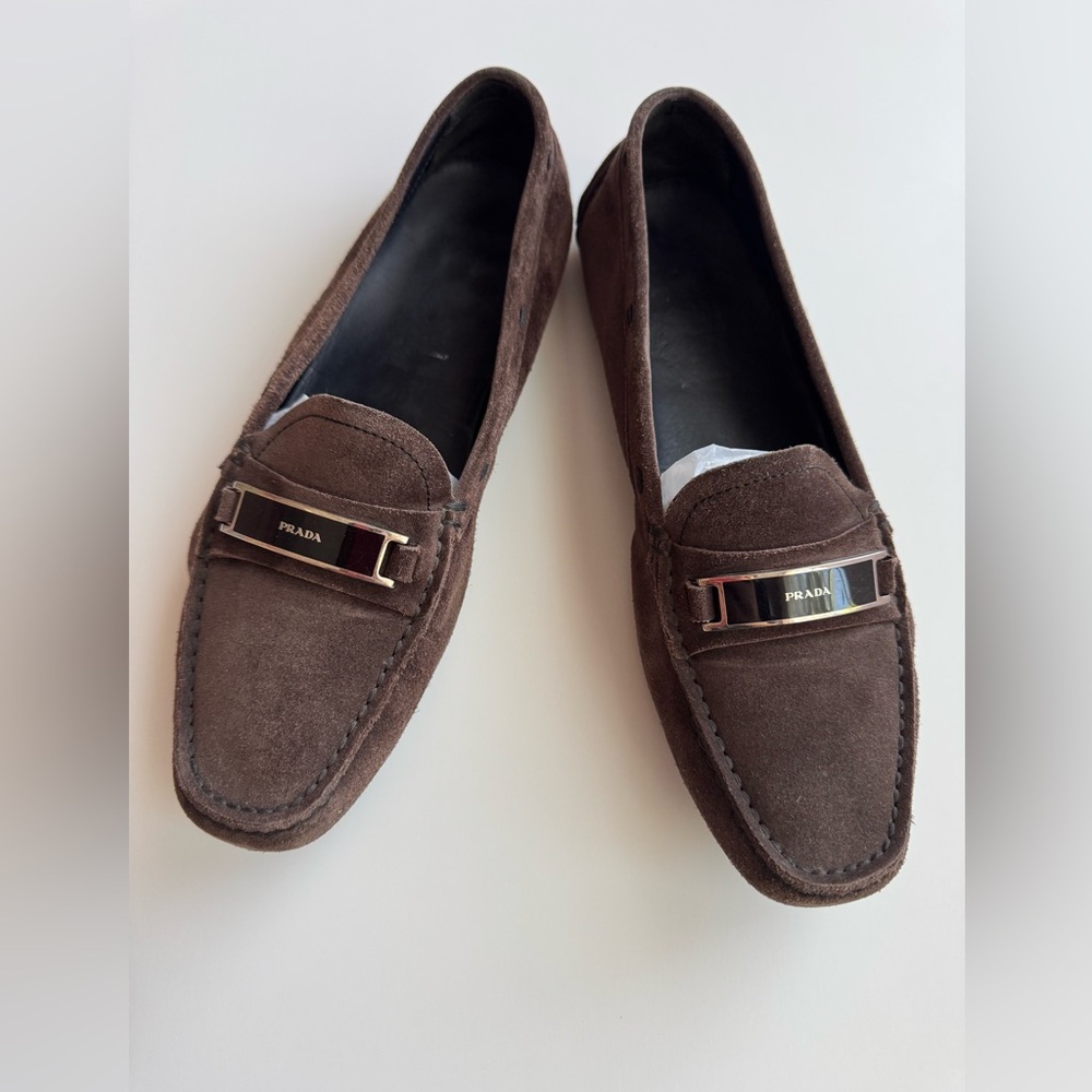 Prada Women’s Brown Leather Logo Loafers, size 7.5 US